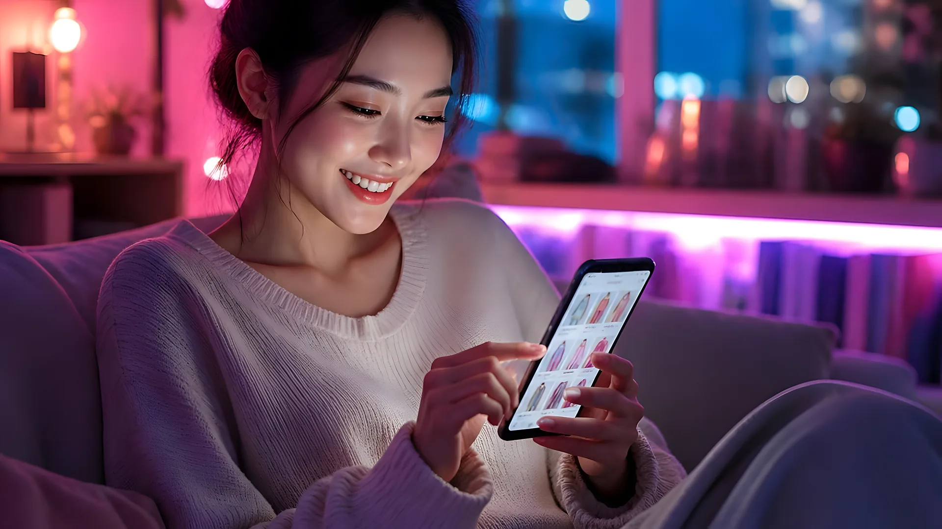 저녁에 휴대폰으로 쇼핑하는 손님 (연출 이미지)