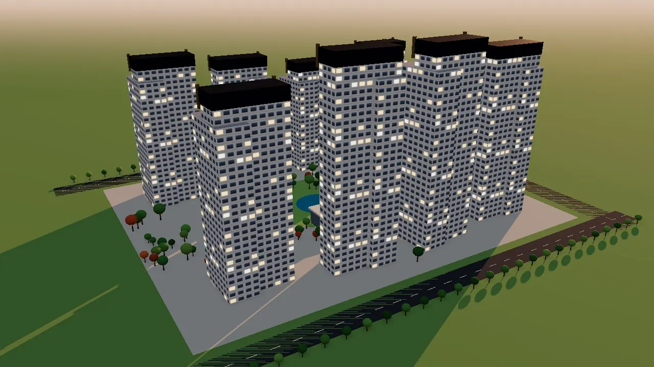 브랜드 아파트 단지 예시 모델 — 3D 엔진으로 그린 화면